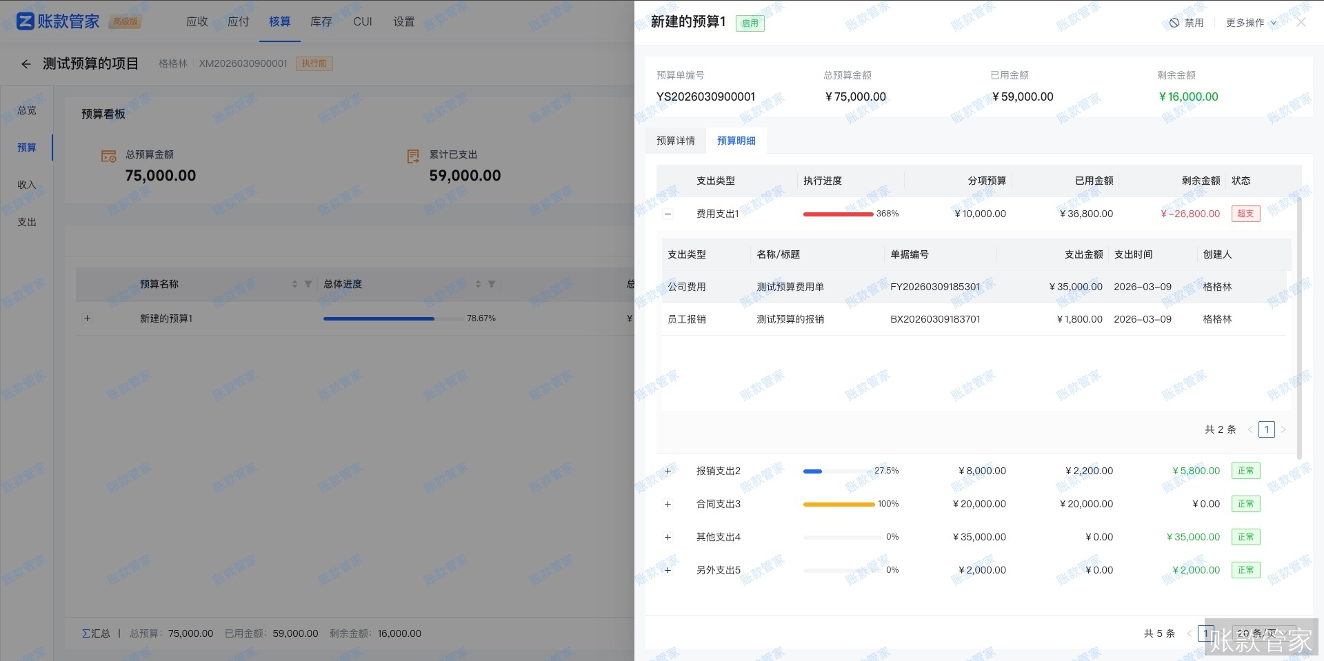 账款管家-项目预算